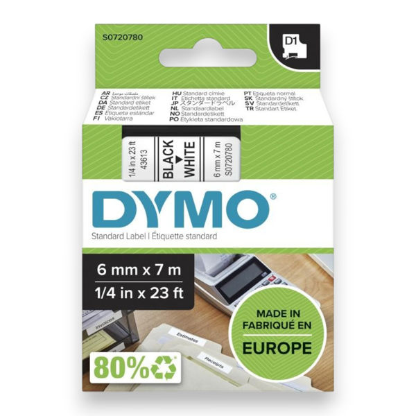 Picture of DYMO D1 LABEL CASSETTE ORIGINAL 43613 6MM BLACK ON WHITE